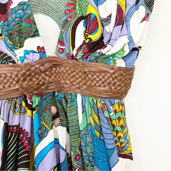 Sky Peacock Print Leather Braided Belt Silk Top - Picture 4 of 9